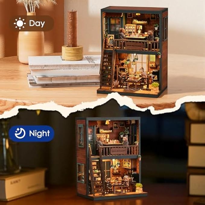 DIY BOOK NOOK KIT, 3D WOODEN PUZZLE & BOOKEND WITH LED LIGHT, CREATIVE BOOKSHELF DECORATION, MINIATURE HOUSE WOODEN PUZZLE, LIGHT CREATIVE GIFT FOR READERS (LITTLE BEAR BISTRO) - Image 4